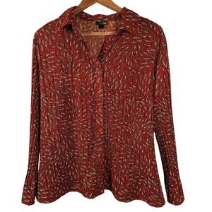 EAST 5TH PETITE Orange Leaf Print Button Front Pleated Long‎ Flare Sleeve Top 1X